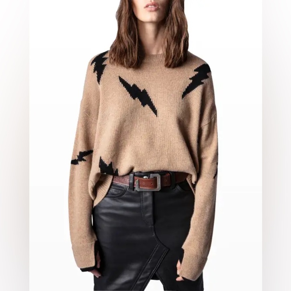 Zadig & Voltaire Camel Crewneck Sweater with Black Lightning Motifs